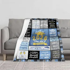 Class of 2026 Graduation Blanket, Blue & Black Patchwork Inspirational Quote Throw Blanket, "You Did It" Keepsake Gift for Him or Her