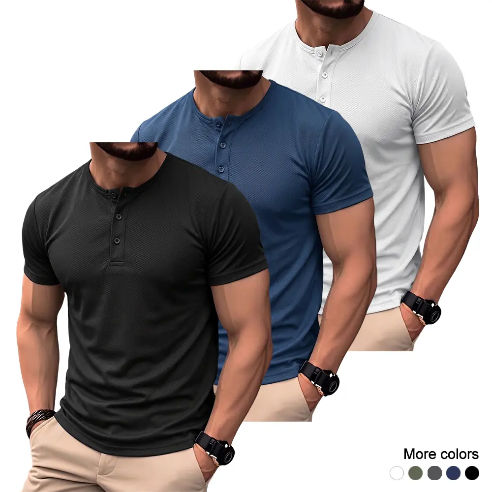 Men’s Modern Henley T-Shirt, Ribbed Knit Texture, Stretch Fit for Smart Casual Outfits