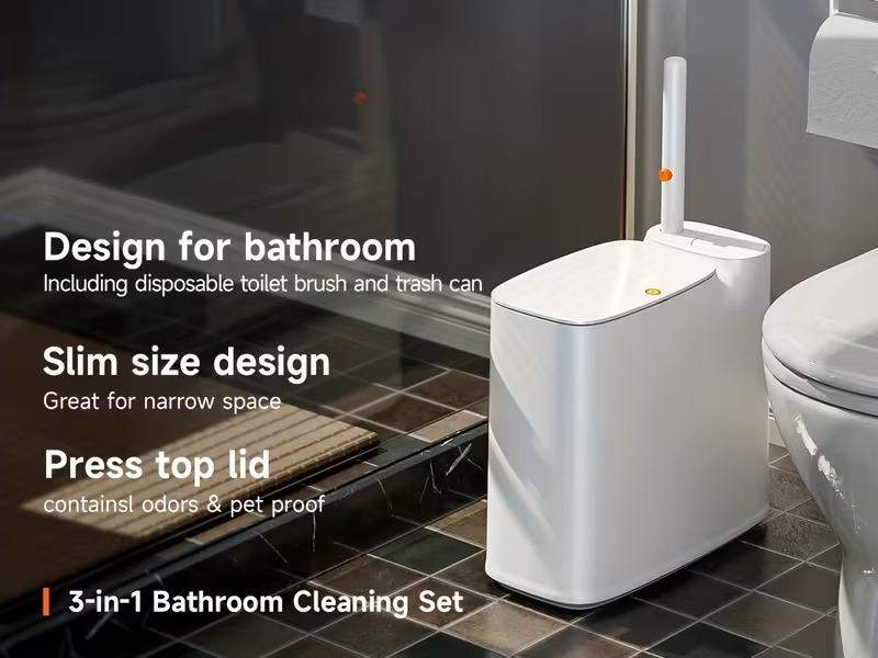 2-in-1 Trash Can with Toilet Brush and 72 disposable Brush Heads|Full White Rectangular Modern Bathroom Narrow Seam Trash Can with Push-On Lid, I