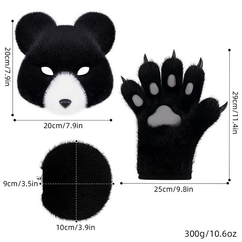 Furry Black Bear Cosplay Set – Plush Bear Mask, Paw Gloves & Tail for Halloween, Costume Parties & Cosplay Events
