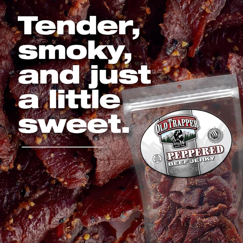 Old Trapper Beef Jerky, Peppered 8 Ounce Pack, Spicy Meat Snacks for Lunches or Between Meals, 11 Grams of Protein, Zero Grams of Fat, and 70 Calories per Serving (Pack of One)