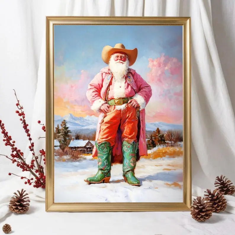 Funny Western Cowboy Santa Wall Art | Rustic Christmas Home Decor | Pastel Holiday Art Print | Cozy Western Christmas Decoration | Santa Christmas Poster