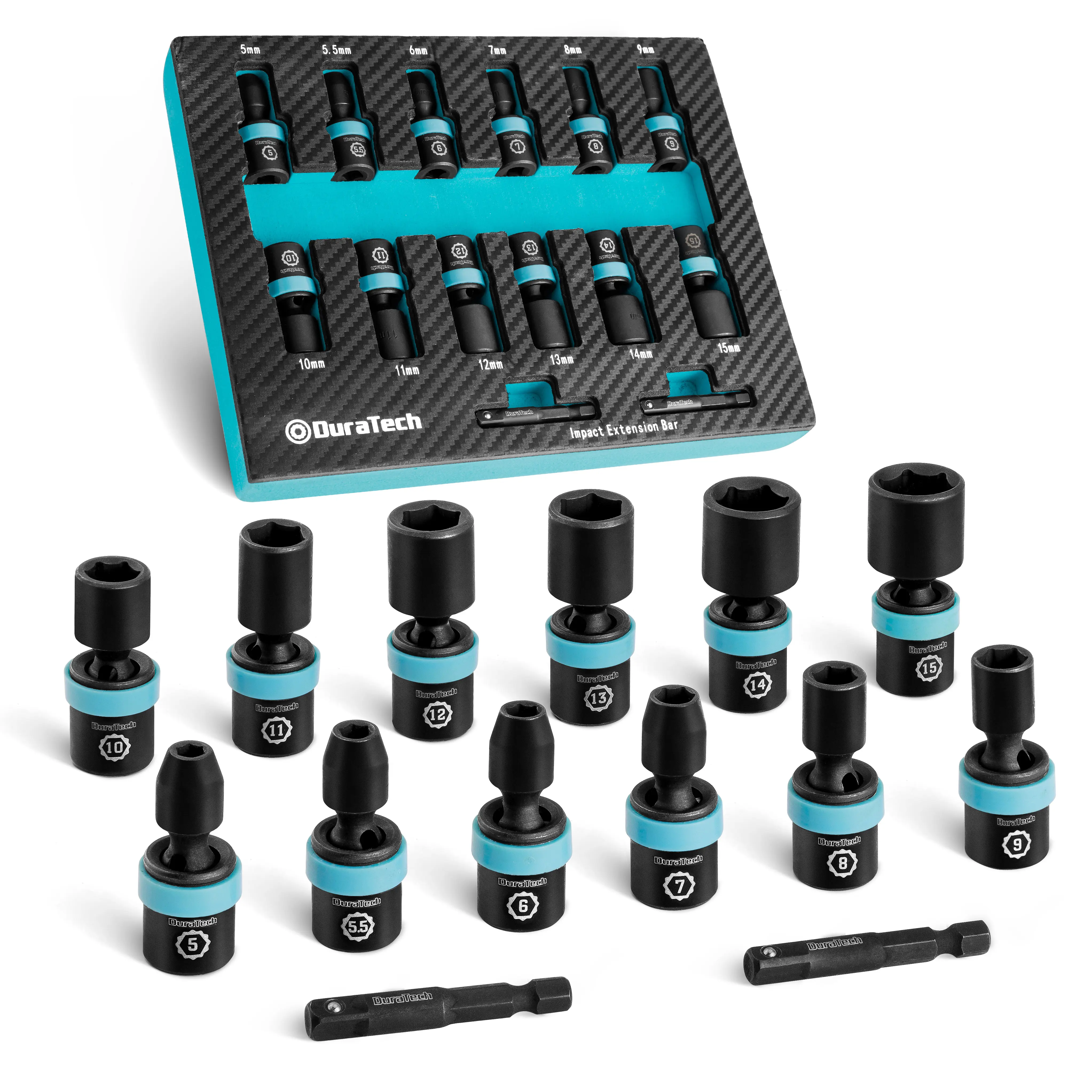 #fathersdaygift DURATECH 1/4" Drive Impact Universal Joint Socket Set, Swivel Socket Set, 14-Piece, Metric Impact Sockets (5-15 MM) with 2" Extension Bars, Cr-Mo Steel, Organized in EVA Foam Organizer