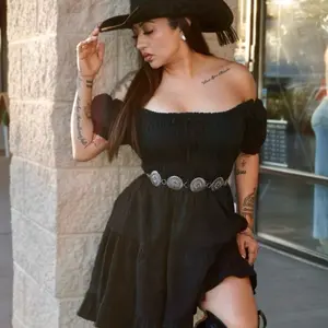 Western Ruffle Off Shoulder Dress with Belted Waist and Puff Sleeves for Women