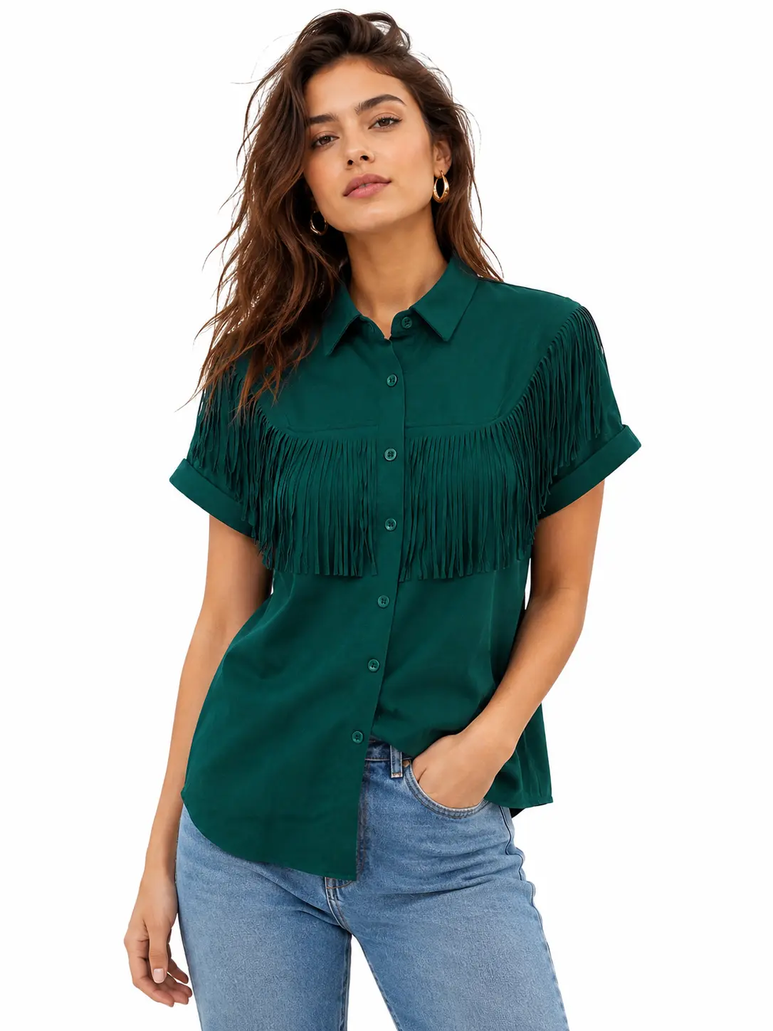 Women’s Aesthetic Cowboy Minimalist Breathable V-neck Shortsleeve Casual Button-up Blouse with Tassels - Ideal for Festive Occasions, Fitted