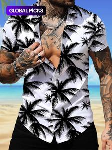 men's all over palm tree print button front shirt, regular fit casual short sleeve collared top for summer, men's clothes for beach vacation