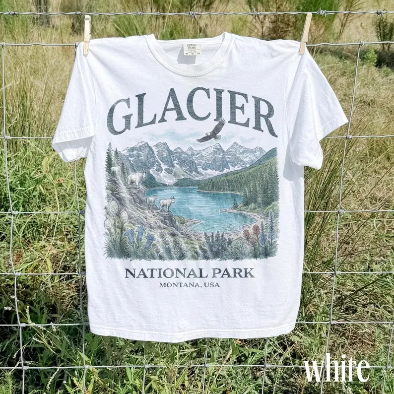 Comfort Colors Vintage Glacier National Park Tee, Montana Mountain Lake Illustration Graphic Shirt, Travel Nature Comfort Colors Top Gift