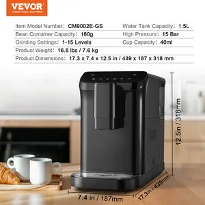VEVOR Automatic Espresso Machine - Built-In Grinder, 15 Bar Auto Coffee Machine with 15-Level Grinding Settings, Professional Espresso Coffee Maker with 1.5L Water Tank and 180g Bean Hopper