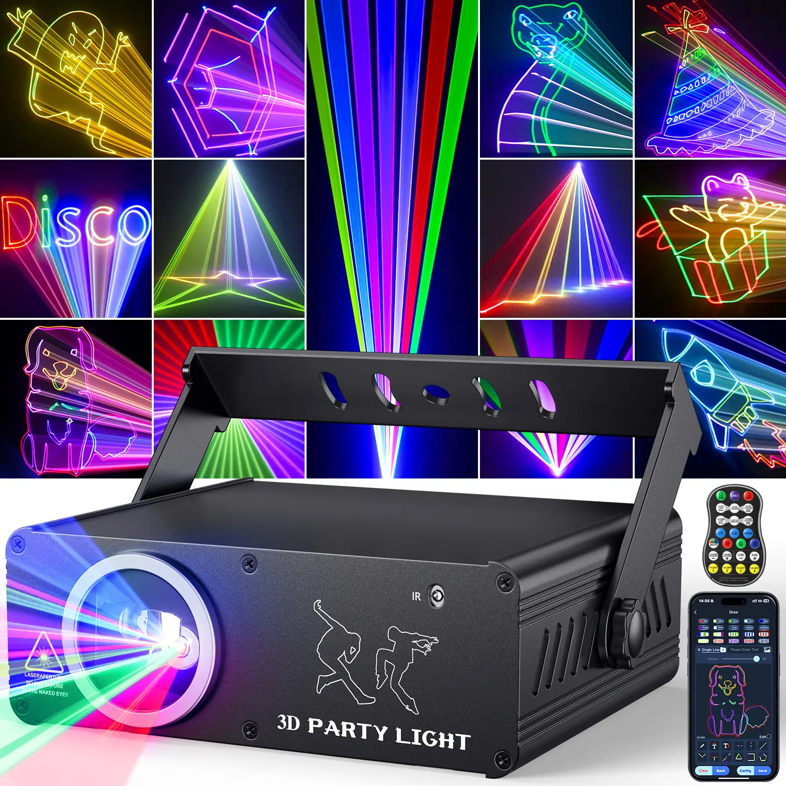 APP DJ Laser Lights Professional - 200+ 3D RGB Animation Laser Light Show, Hand Drawing, Custom Patterns, Sound Actived & DMX Sync for Party, Stage, Club
