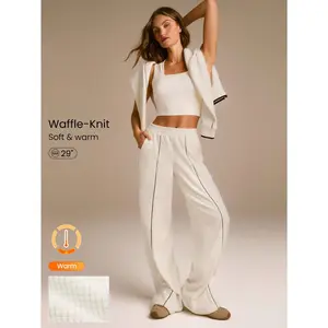 GLOWMODE Cozy Era Ultra-Soft Lightweight Stretchy Contrast Front Seam Side Pockets Relaxed Fit Waffle-Brushed Wide Leg Sweatpants Autumn Winter Daily Casual