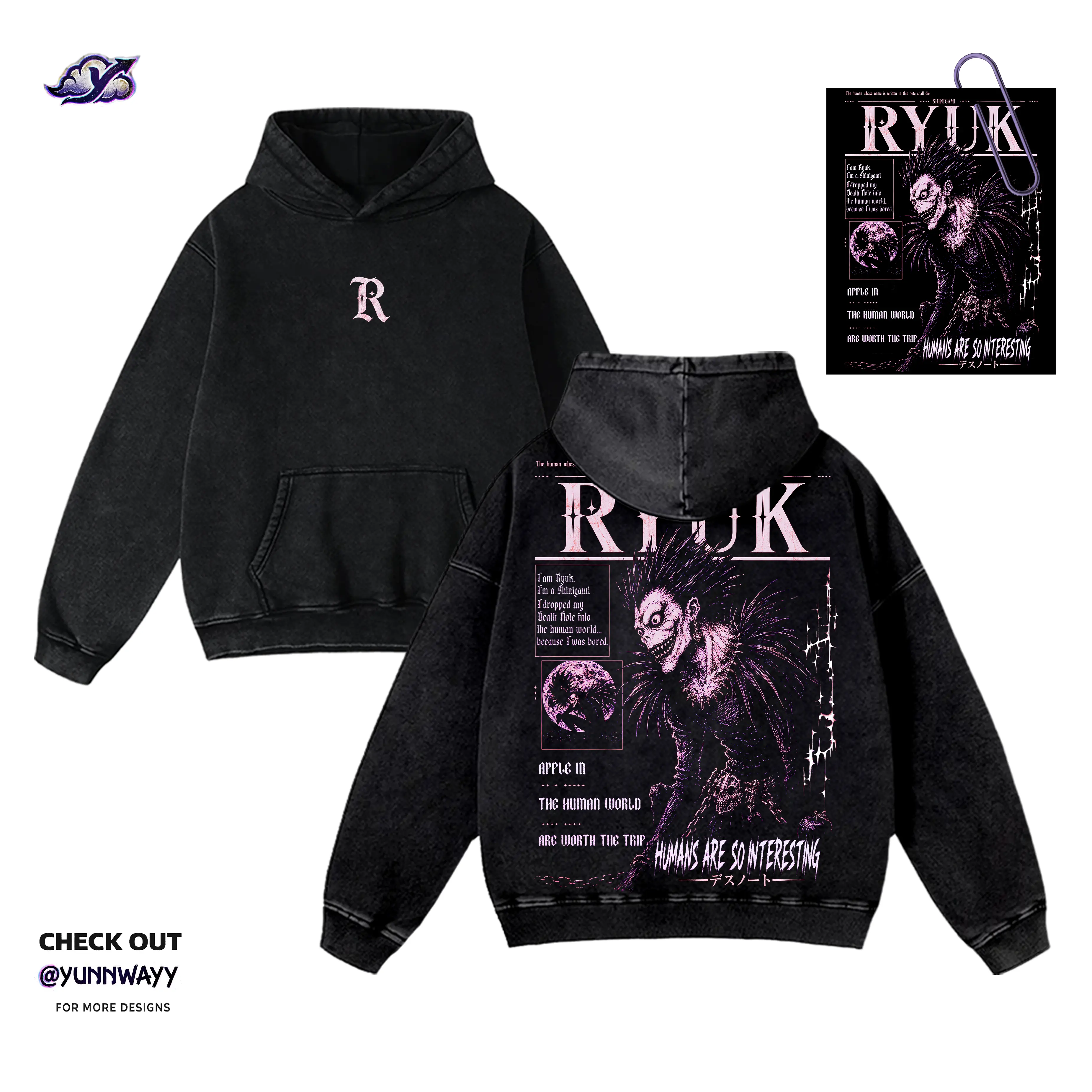 Katakana Ryuk Anime Washed Hoodie, Unisex Otaku Streetwear, Purple Gothic Y2K Poster Graphic Acid Cotton, Death Note Anime Japanese Casual