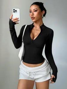 Women's Half-Zip Thumb Hole Sports Jacket, High Elastic Breathable Comfort Fashion Yoga Top, Stand Collar Outerwear Sportswear, High Elasticity Jacket