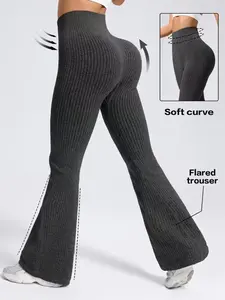 Women's High Waisted Ribbed Knit Yoga Flare Pants, Slim Fit Seamless Leggings for Fall & Winter, Casual Sportswear, Flared Yoga Bottoms