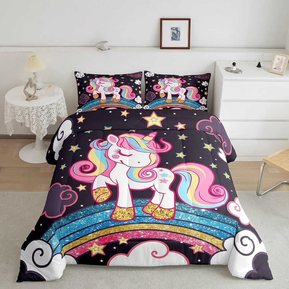 Unicorn Bedding,Star Print Rainbow Comforter Sets Comforter Set,Cute Animal Bedding Cute Unicorn Duvet Quilt,Fairy Bedroom Decor