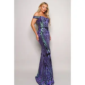 Shoulder-Baring Sequined Violet Evening Gown