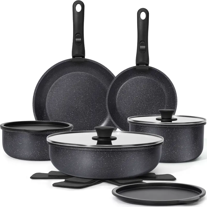 Soday Nonstick Cookware Set (5pcs/15pcs) - Removable Handle, Oven Safe, PFOA Free, Induction & All Stovetops Compatible, Aluminium Ceramic Anti-Adhesive Cookware, Plastic Material, Ideal for Dumplings, Seafood, Thanksgiving, Black Friday, Christmas,gift