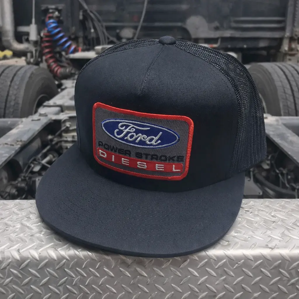 Ford Power Stroke Trucker Hat | Black Mesh Snapback Cap for Truck Lovers, 7 Panel/ Wash/ Baseball Embroidered Patch Summer Outdoor Hat Gift for Him