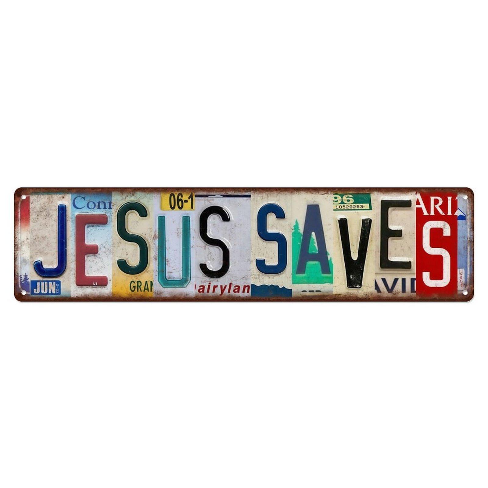 16×4 Inch Jesus Saves Vintage Metal Sign, Retro License Plate Style Christian Aluminum Wall Decor, Pre-drilled Religious Wall Art for Home Garage