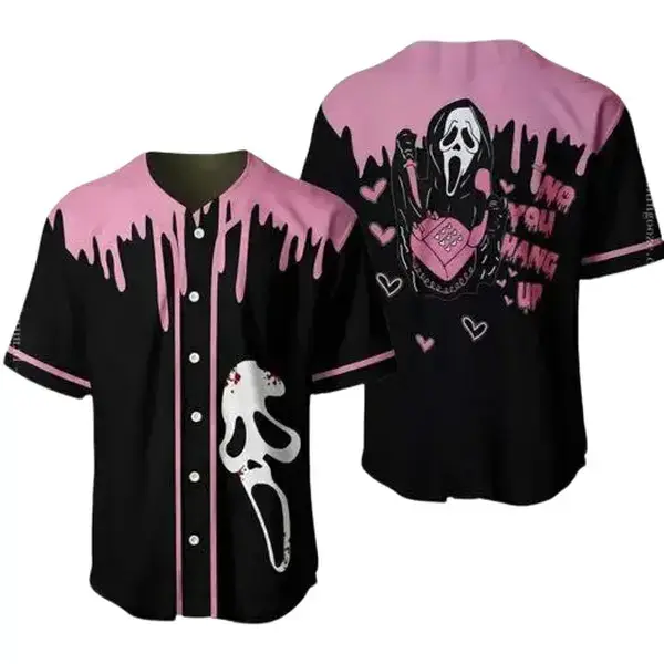Ghostface Inspired Baseball Jersey – Horror Movie Quote Graphic Button Up Shirt