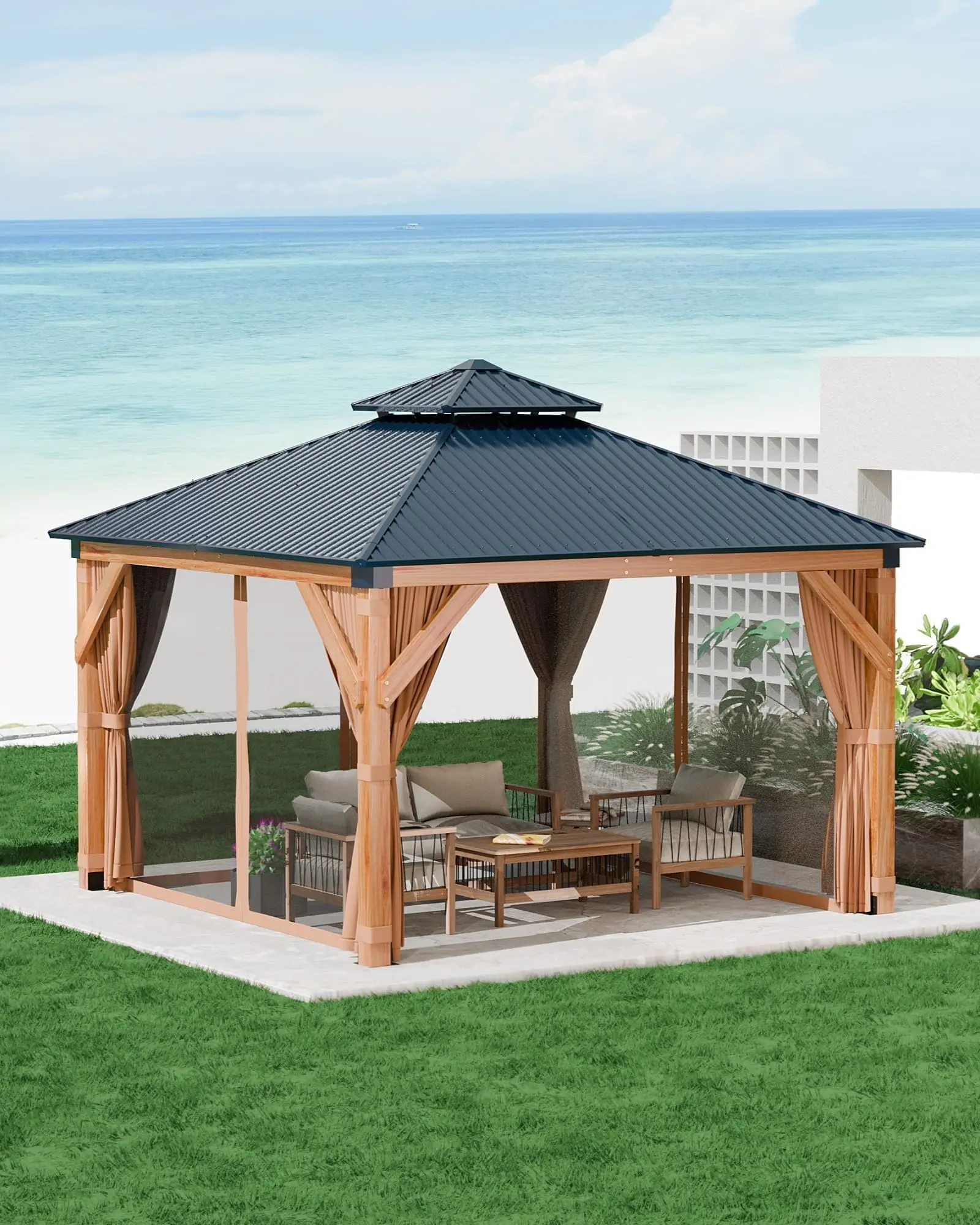 10x10 ft Hardtop Wood Gazebo for All Weather, Double Metal Roof & Heavy Duty Wooden Frame, Includes Net & Curtains – Permanent Pavilion for Patio, Deck, Backyard, Lawn & Garden, Khaki