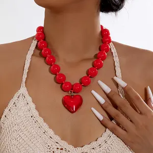 Women's Tocona Handmade Exaggerated Beads Round Heart Pendant Necklace, Long Adjustable Chain Choker, Birthday Party Costume Jewelry Gift Collar