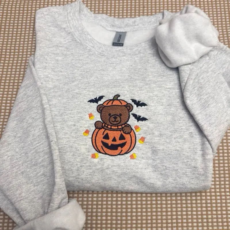 Cute teddy bear spooky season Halloween embroidered sweatshirt/ Halloween teddy bear embroidered sweatshirt