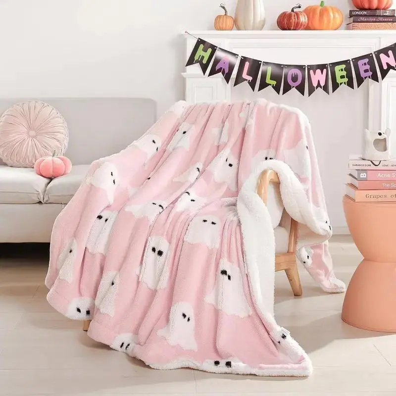Halloween Pink Ghost Soft Flannel Throw Blanket, Featuring Cute Black-Pink Spooky Art, for Bedroom Decor, Sofa Movie Nights and Cozy Fall Room Accents, Blankets