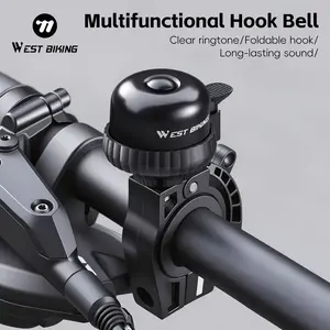 WEST BIKING Multifunctional Bike Bell with Foldable Hook, 360° Rotatable Loud Crisp Clear Bicycle Bell for Handlebars 22.2-31.8mm, Universal Cycling Bell for Mountain/Road/E-Bikes