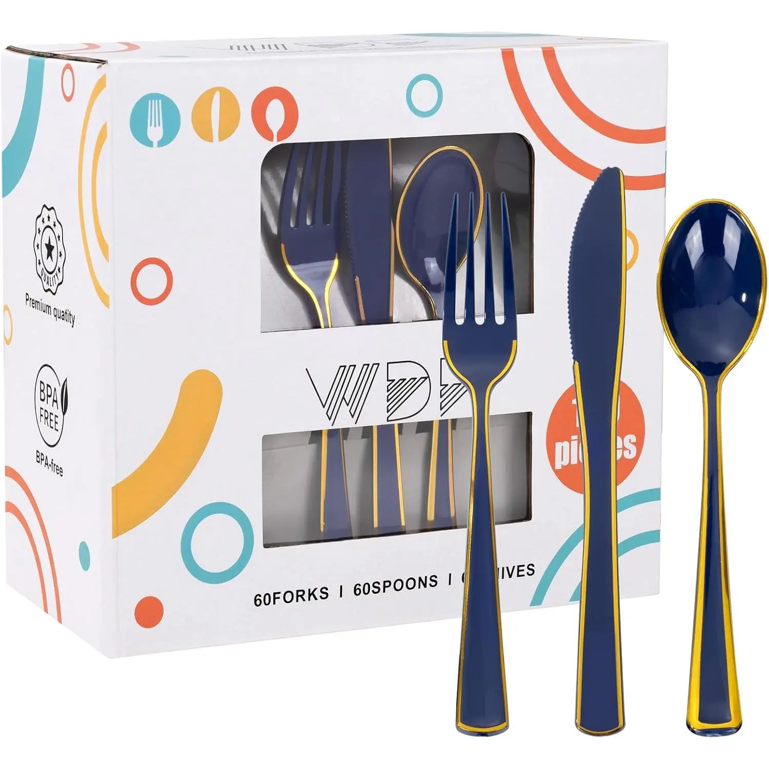WDF 180PCS Blue Silverware -Blue and Gold Cutlery 60, 60, 60 - Disposable Silverware for/Wedding/Birthday