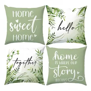 4pcs,  Spring Themed Throw Pillow Covers, Spring Sweet Home Plant Leaf Text Design, Home Is Where Our Story Begins, Suitable Spring Living Room, Bedroom, Sofa and Bed Decoration, 2D Flat, Single Sided Printing, No Pillow Core