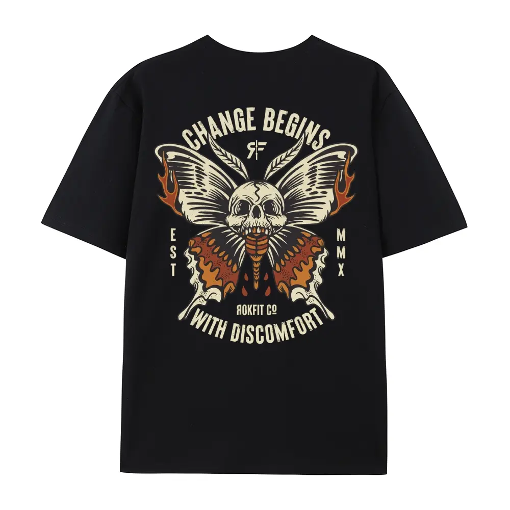 Men's Motivational Graphic T-Shirt, Oversized Alt Streetwear with Double-Sided Skull & Moth Print, 100% Cotton Gym Apparel