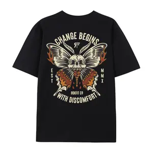 Change Begins With Discomfort Graphic T-Shirt Double Sided Traditional Tattoo Skull Death Moth Alt Streetwear Stoic Motivational Gym Mindset Top