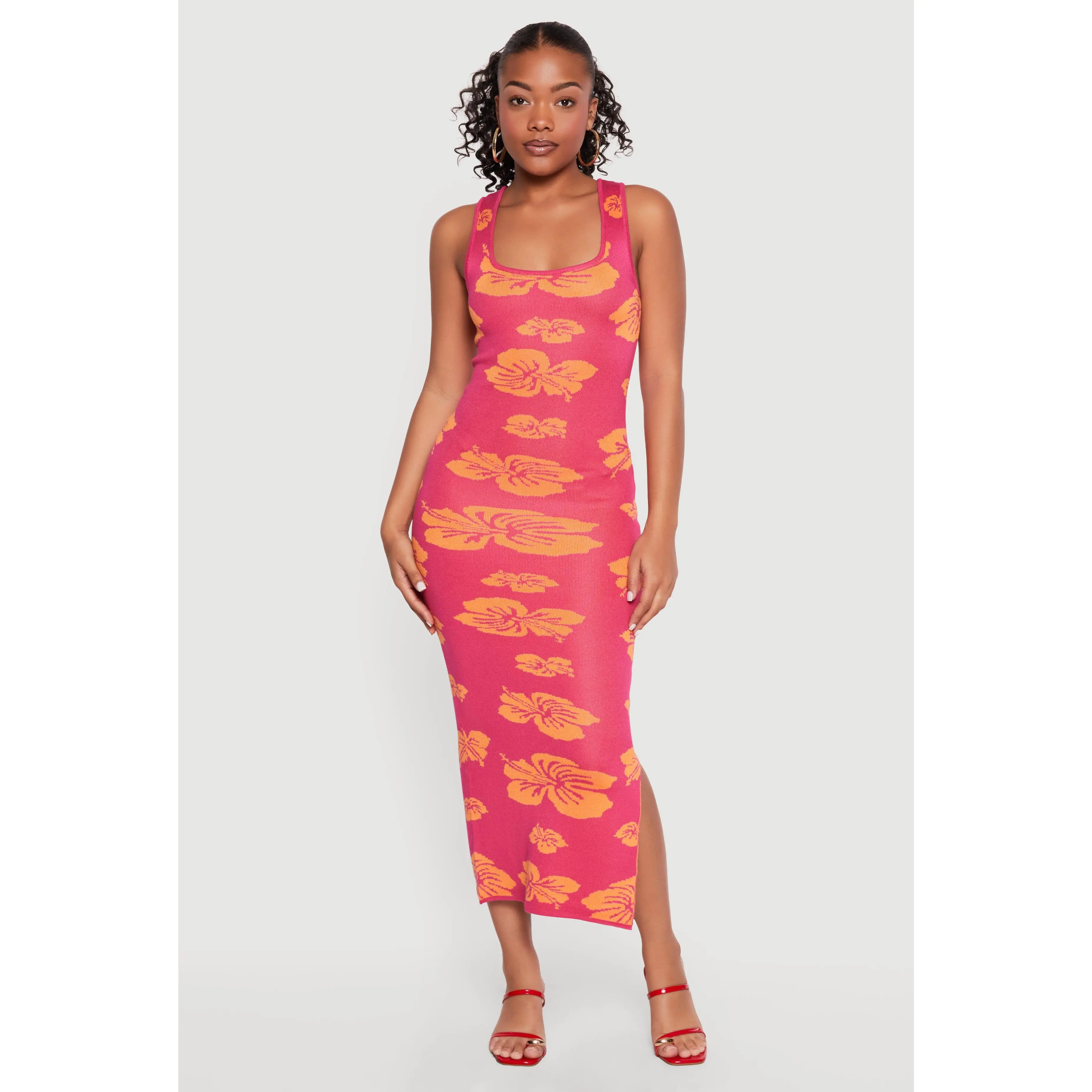 Hibiscus Flower Print Sleeveless Knit Dress