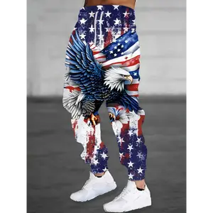 1pc Men'S Casual Polyester Sweatpants With American Flag Eagle Print, High Stretch Knit Fabric, Regular Fit Animal Pattern Joggers Menswear Multicolor Fathersdaygift