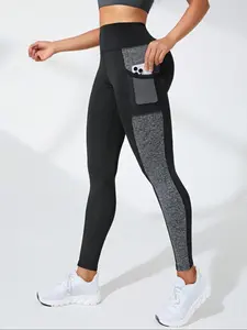 Women's high waisted mesh patchwork leggings with pockets - used for abdominal control and hip lifting training during running, hiking, and gym workouts (performance compression, sporty and casual)