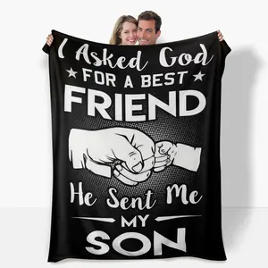 "I Asked God for a Best Friend, He Sent Me My Son" Flannel Blanket ​   with touching handshake print. This soft father son bed blanket ​   is cozy for all seasons, perfect for decor & naps