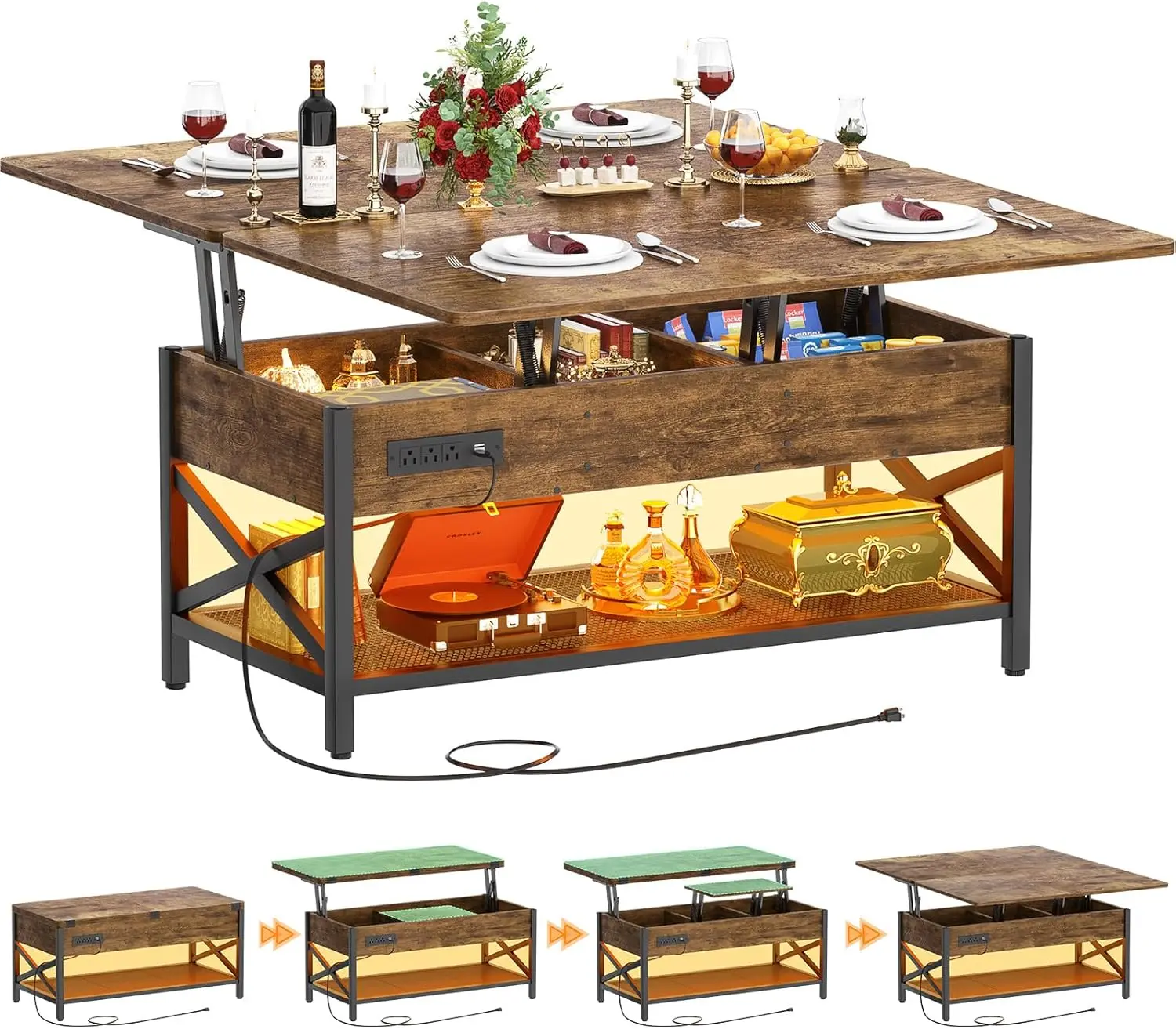 Lift-Top Coffee Table with Power Outlets & LED Lights – 4-in-1 Converts to Dining Table, Seats 8, Storage Shelf for Living Room Home Office