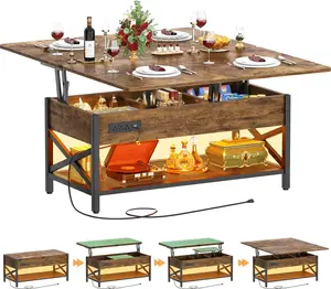Lift-Top Coffee Table with Power Outlets & LED Lights – 4-in-1 Converts to Dining Table, Seats 8, Storage Shelf for Living Room Home Office