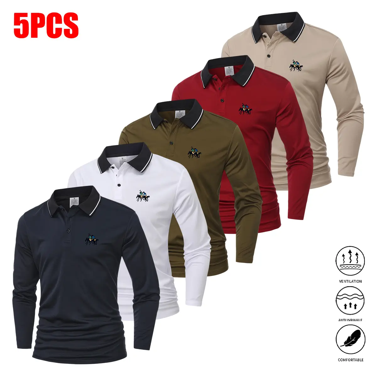 Men's Long Sleeve Turn-Down Collar Colorblock Polyester T-Shirt 5-Piece Set, Lightweight Menswear for Autumn/Winter Layering or Solo Wear, Suitable for Casual Sports & Business Office Attire
