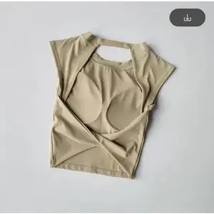 Short Backless Fixed Chest Pad T-shirt Vest for Women Tight Fitting Quick Drying Yoga Sports Vest Athletic Activewear Drinkwear Workout Outfit Casual Sporty Halter Dry Fit Wicking