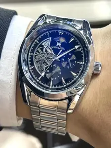 Men's Automatic Mechanical Watch, Hollow Out Design, Moon Phase Pointer, Fashion Party Watch, Daily Wear, Birthday Gift, Stainless Steel Watch