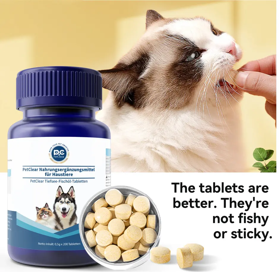 Dog Fish Oil Supplement, All-Natural Salmon Cod Tablets, 200-Count Bottle with Omega-3 EPA DHA, Supports Skin, Coat, Brain & Heart Health, Relieves Itching & Inflammation
