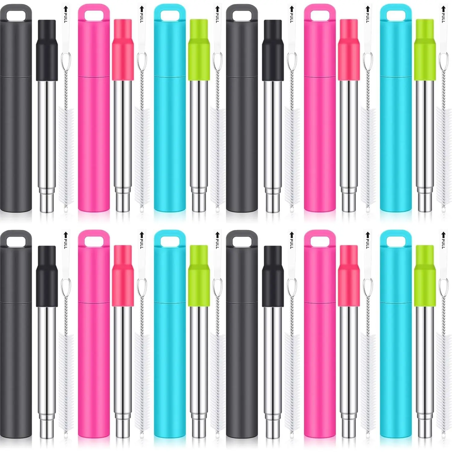12 Pack Metal  Straw Drinking Collapsible Foldable Stainless Steel Straw with Plastic Case  Tip and Cleaning Brush Long Telescopic Portable Travel Work