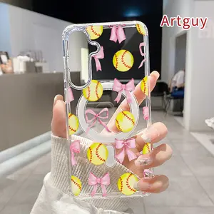 Magnetic Soft Case for Samsung Galaxy S26 Edge S23 Ultra S24 Plus FE S25 S22+ Bow and Softball Pattern Anti-Yellowing Shockproof ultra-thin Silicone Crystal Transparent Acrylic Large Hole Cover Supports Wireless Charging