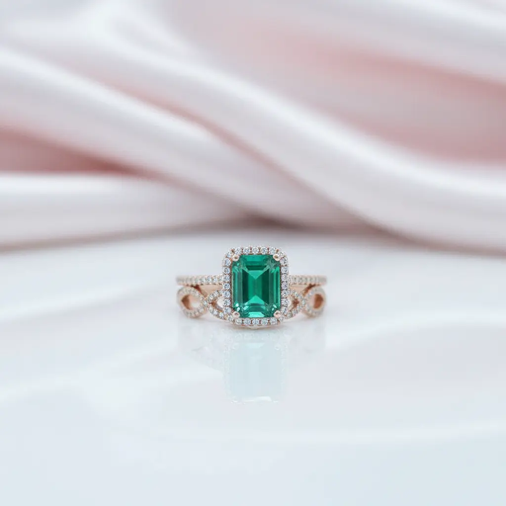 14K Gold Emerald Cut Green Diamond Option Wedding Ring Set