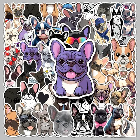 Cartoon French Dog Pattern Sticker, 50pcs Waterproof Self Adhesive Decor Paper, Decor Sticker for Gift Greeting Card Water Bottle Laptop Phone, Funny Stickers