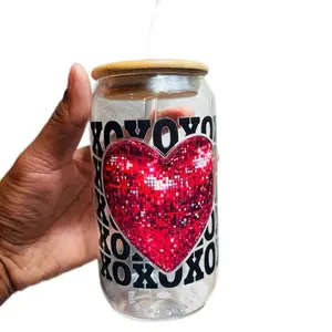 Valentine’s Day Libby Cup - Heart Design with Sparkles, Clear Lid, Ideal for Drinking, Bottle & Drinkware