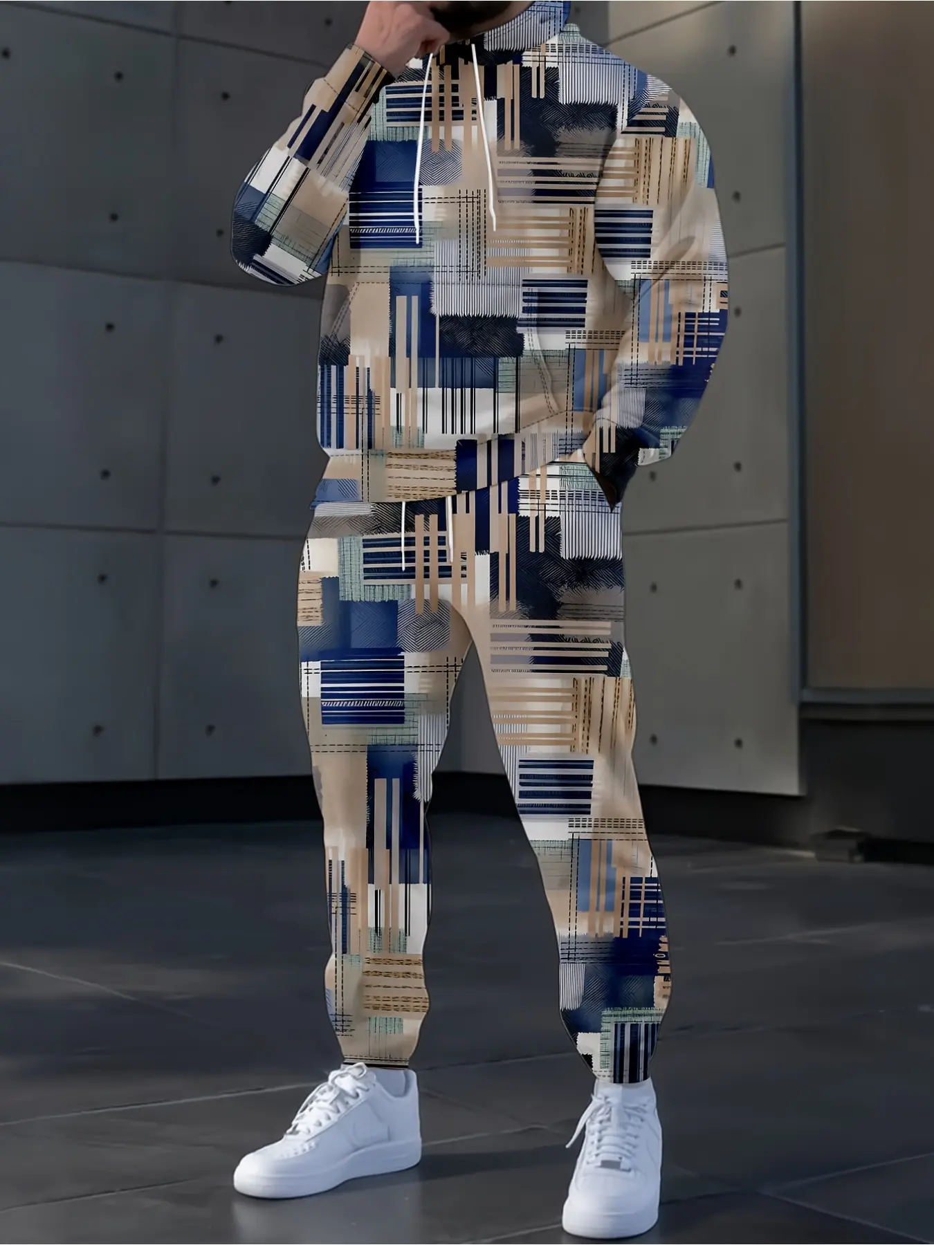 Blue and Brown Geometric Patchwork Print Hooded Sports Set, Trendy Casual Style, Casual Sportswear Set, Hooded Tracksuit Set, Jogging Set, Casual Tracksuits