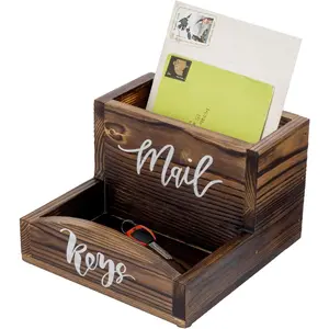 Rustic Burnt Wood Mail Holder and Key Organizer, Entryway Tray or Office Desktop Organizing Bin with White Cursive Lettering Labels