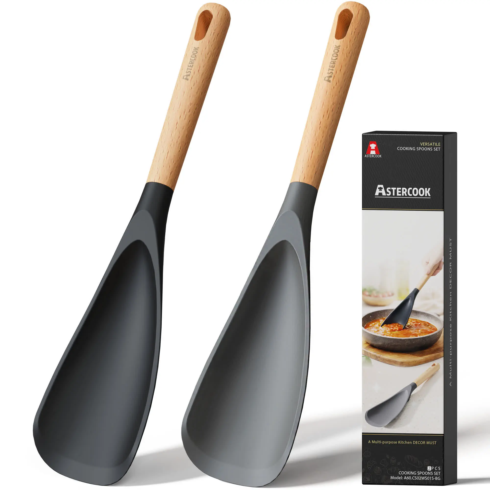 Astercook 2-Pack Silicone Mixing Spoons - Everyday Nonstick-Safe, Non-Toxic Kitchen Cooking Utensils, Food Prep Utensil with Wooden Handles, Heat-Resistant BPA-Free for Stirring, Scooping